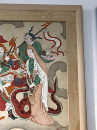 Chinese school, ink and colour on paper, Qing: 'Warriors and deities in heaven'