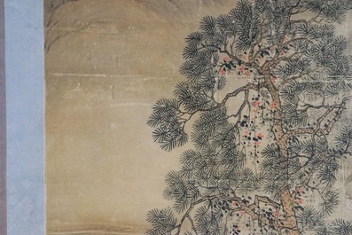 Chinese school, gesign. Hua Yan (1682-1756), inkt en kleur op papier: 'Wijzen in een bergwoud'