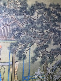 Chinese school, 18/19e eeuw, inkt en kleur op zijde: 'landschap met figuren bij een pagode'