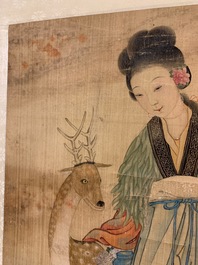 Chinese school, ink and colour on silk, Qing: 'Magu with deer'