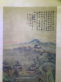 Ecole chinoise, d'apr&egrave;s Qiu Ying (c.1494-1551/52), encre et couleurs sur soie: 'paysage montagneux', dat&eacute; 1545