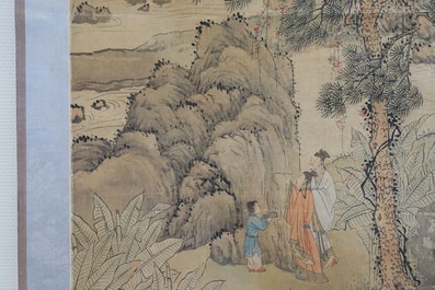 Ecole chinoise, sign&eacute; Hua Yan (1682-1756), encre et couleurs sur papier: 'Lettr&eacute;s dans un for&ecirc;t montagneux'