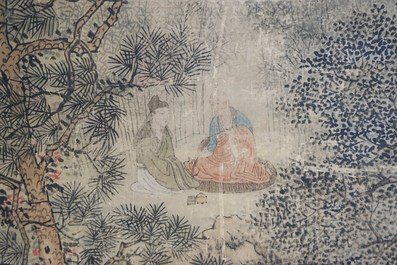 Chinese school, gesign. Hua Yan (1682-1756), inkt en kleur op papier: 'Wijzen in een bergwoud'