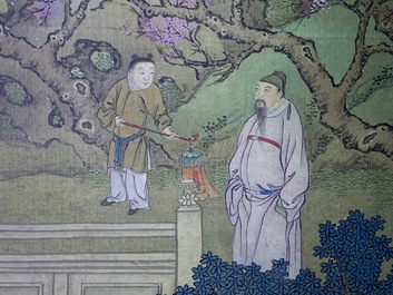 Chinese school, 18/19e eeuw, inkt en kleur op zijde: 'landschap met figuren bij een pagode'