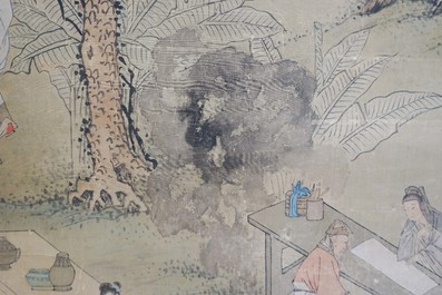 Ecole chinoise, sign&eacute; Hua Yan (1682-1756), encre et couleurs sur papier: 'Lettr&eacute;s dans un for&ecirc;t montagneux'