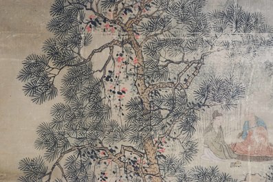 Ecole chinoise, sign&eacute; Hua Yan (1682-1756), encre et couleurs sur papier: 'Lettr&eacute;s dans un for&ecirc;t montagneux'