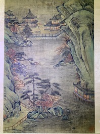 Chinese school, naar Qiu Ying (c.1494-1551/52), inkt en kleur op zijde: 'bergachtig landschap', met inscriptie en gedat. 1545