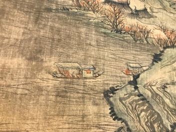 Chinese school, naar Qiu Ying (c.1494-1551/52), inkt en kleur op zijde: 'bergachtig landschap', met inscriptie en gedat. 1545