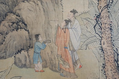 Chinese school, gesign. Hua Yan (1682-1756), inkt en kleur op papier: 'Wijzen in een bergwoud'