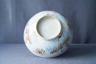 A rare Chinese verte-Imari bowl with a wrecked threemaster, Qianlong