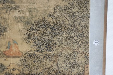 Chinese school, gesign. Hua Yan (1682-1756), inkt en kleur op papier: 'Wijzen in een bergwoud'