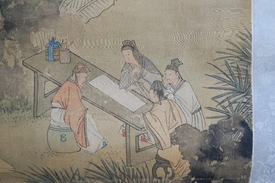 Ecole chinoise, sign&eacute; Hua Yan (1682-1756), encre et couleurs sur papier: 'Lettr&eacute;s dans un for&ecirc;t montagneux'