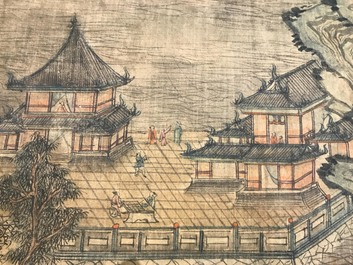 Chinese school, naar Qiu Ying (c.1494-1551/52), inkt en kleur op zijde: 'bergachtig landschap', met inscriptie en gedat. 1545