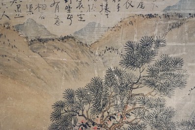 Ecole chinoise, sign&eacute; Hua Yan (1682-1756), encre et couleurs sur papier: 'Lettr&eacute;s dans un for&ecirc;t montagneux'