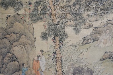 Chinese school, gesign. Hua Yan (1682-1756), inkt en kleur op papier: 'Wijzen in een bergwoud'