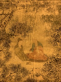 Chinese school, gesign. Hua Yan (1682-1756), inkt en kleur op papier: 'Wijzen in een bergwoud'