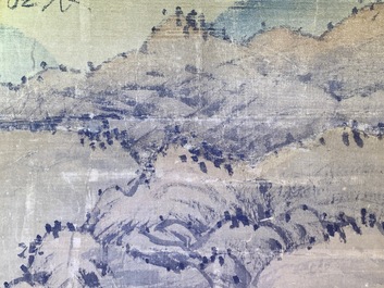 Chinese school, signed Hua Yan (1682-1756), ink and colour on paper: 'Scholars in a mountain forest'