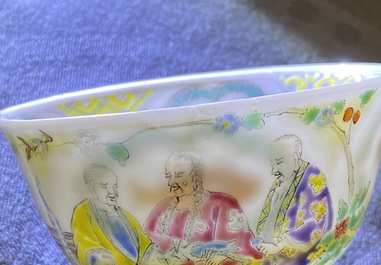 A Chinese famille rose cup and saucer after Cornelis Pronk: 'Doctor's visit', Qianlong