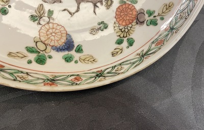 Five Chinese famille verte and doucai plates, Kangxi