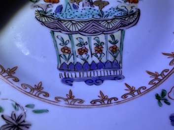 Five Chinese famille verte and doucai plates, Kangxi