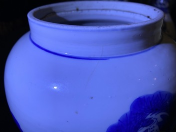 Un vase en porcelaine de Chine bleu et blanc &agrave; d&eacute;cor de grues et cerfs, Kangxi