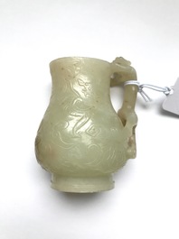 A Chinese celadon russet jade chilong-handled jug, Qing
