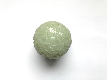 A Chinese celadon jade 'dragon' finial for a stupa, 19/20th C.