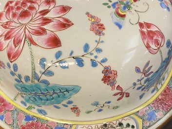 A large Chinese famille rose vase and cover with a bird on blossoming branches, Yongzheng