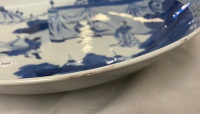 A Chinese blue and white dish with a narrative scene, Kangxi