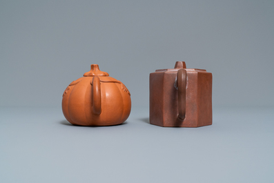 Four Chinese Yixing stoneware teapots and covers, impressed marks, 19/20th C.