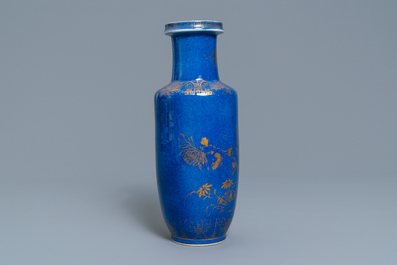 A Chinese powder blue and gilt rouleau vase, 19th C.