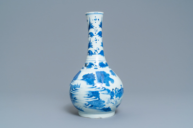 A Chinese blue and white bottle vase with figures in a landscape, Transitional period