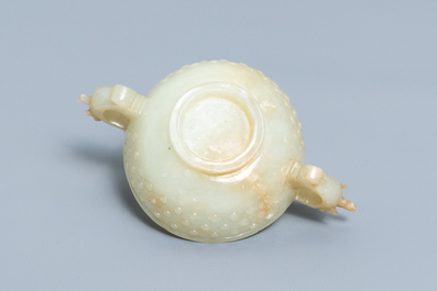 A Chinese pale celadon and russet jade two-handled bowl, prob. Ming