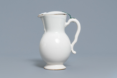 A white Delftware jug and cover, France, 18th C.