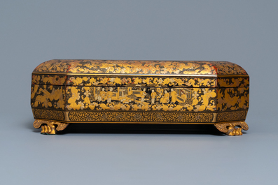 An extensive Chinese Canton export gilt and lacquer gaming box with mother-of-pearl accessories, 19th C.