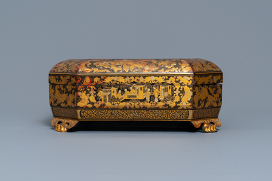 An extensive Chinese Canton export gilt and lacquer gaming box with mother-of-pearl accessories, 19th C.