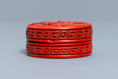 A Chinese carved cinnabar lacquer box and cover, 18/19th C.