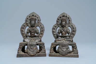 A pair of Sino-Tibetan bronze figures of Buddha Amitayus, Qianlong