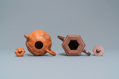 Four Chinese Yixing stoneware teapots and covers, impressed marks, 19/20th C.