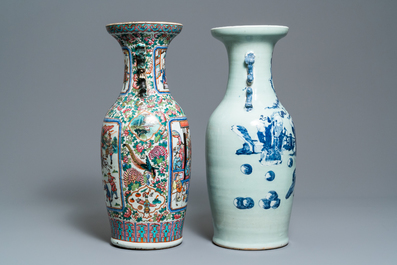 Un vase en porcelaine de Chine famille rose et un en bleu et blanc sur fond c&eacute;ladon, 19&egrave;me