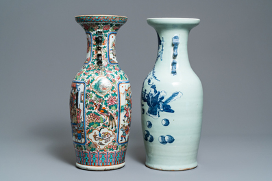 Un vase en porcelaine de Chine famille rose et un en bleu et blanc sur fond c&eacute;ladon, 19&egrave;me