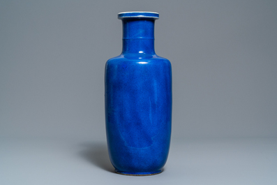 A Chinese monochrome powder blue rouleau vase, Kangxi