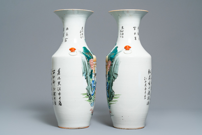 A pair of Chinese famille rose vases with figures in a garden, 19/20th C.