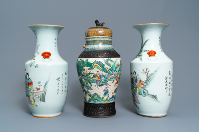 Two Chinese qianjiang cai vases and a famille verte vase, 19/20th C.