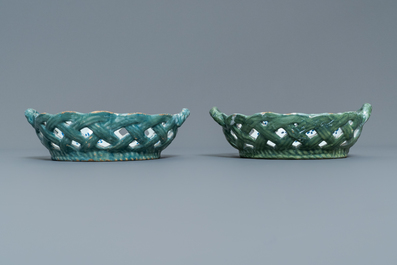 Two reticulated polychrome Brussels faience baskets, 18th C.