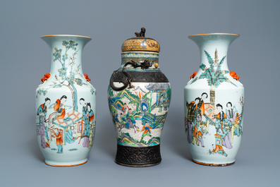 Two Chinese qianjiang cai vases and a famille verte vase, 19/20th C.