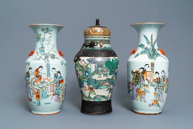 Two Chinese qianjiang cai vases and a famille verte vase, 19/20th C.