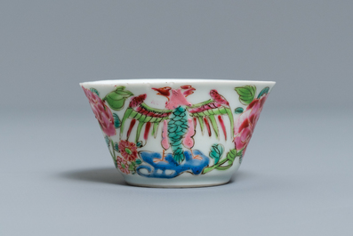 A Chinese famille rose 'double-headed eagle' cup and saucer for the Spanish or Mexican market, Yongzheng/Qianlong