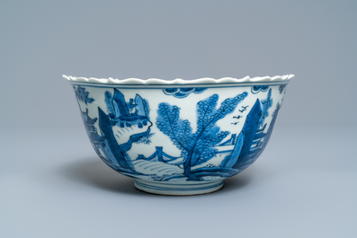 A Chinese blue and white 'pagoda landscape' bowl, Wanli