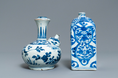 A Chinese blue and white square flask and a kendi, Ming